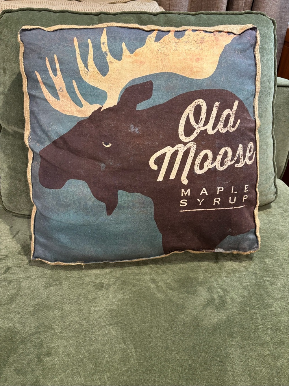 Ryan Fowler Old Moose Maple Syrup Rustic Cabin Throw Pillow Burlap Trim